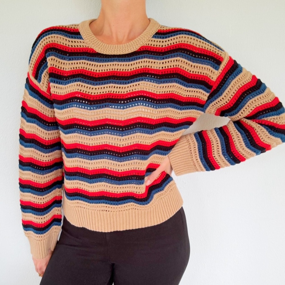 LOFT blue red tan stripe open knit crewneck sweater size small petite